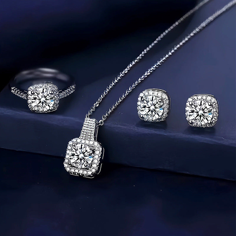 Women's Simple Fashionable And Versatile Zircon Necklace Stud Ring Set