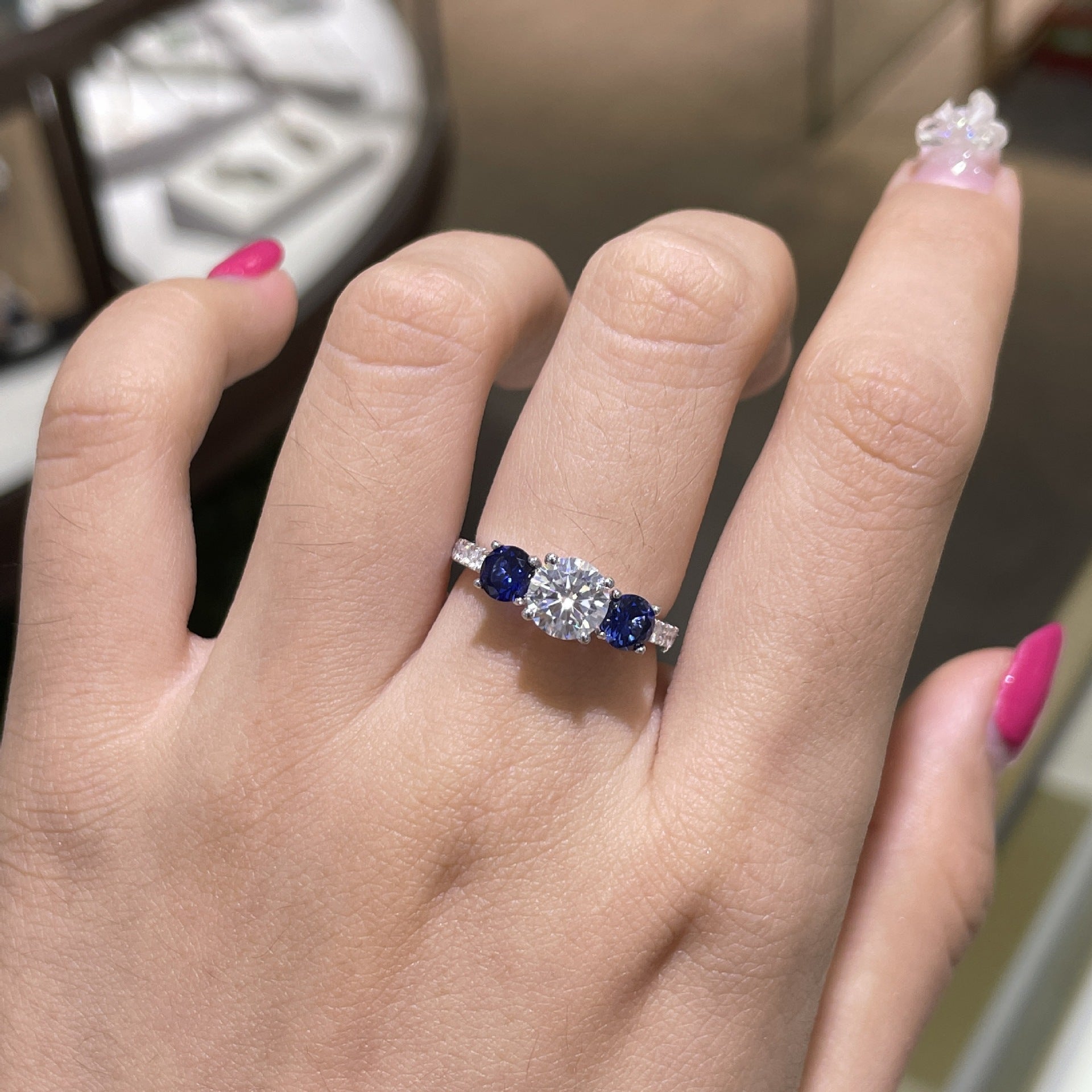 Classic Three-stone 65mm Round 1 Carat Sapphire Engagement Ring