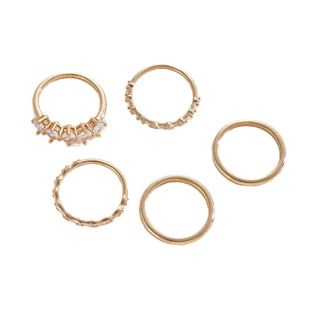 Temperament Round Zircon Copper Inlaid Diamond Women Stackable 5-piece Ring Set