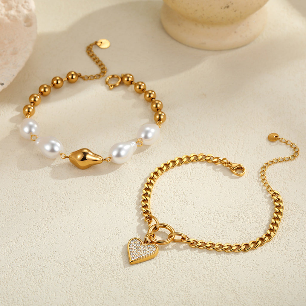 Fashion Heart Shape With Diamond  Baroque Pearl Stainless Steel Bracelet