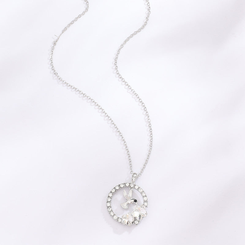 Women's Round Hummingbird Flower Pendant Necklace