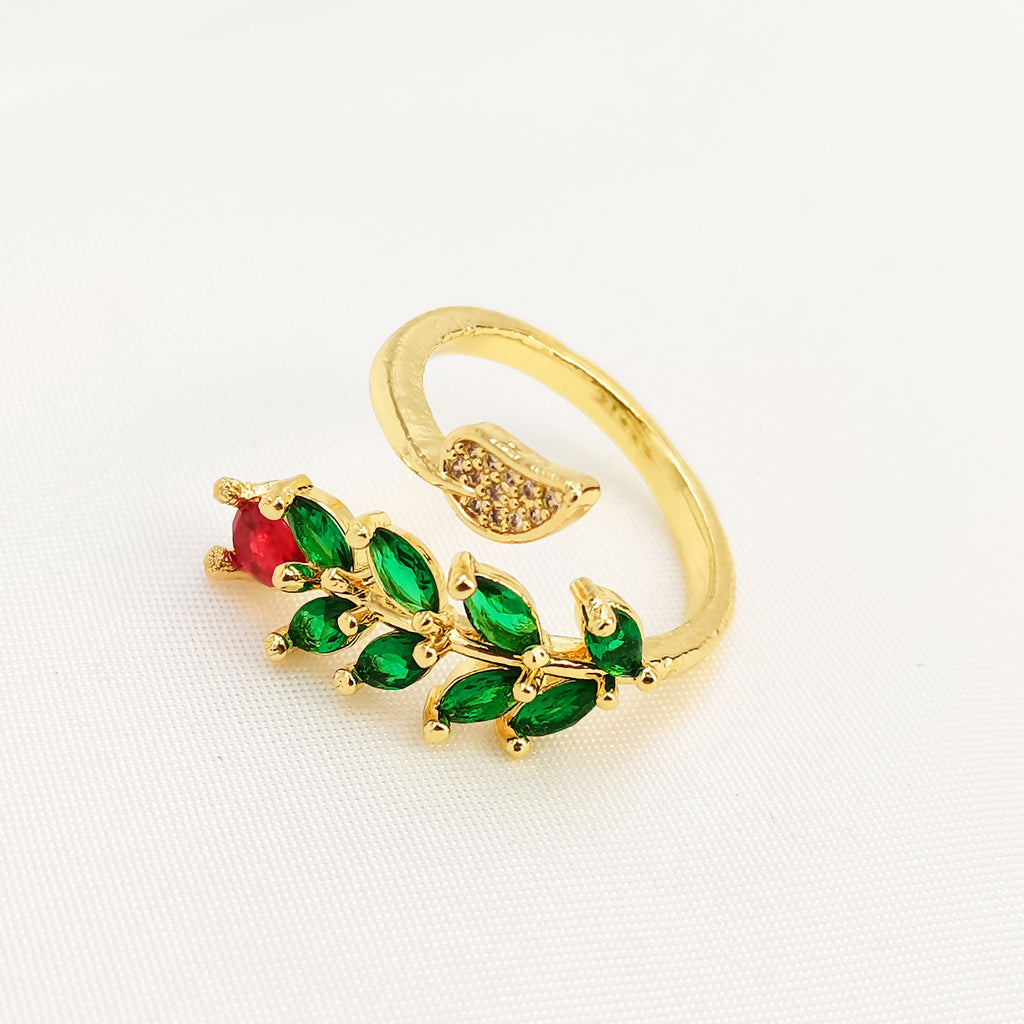 Affordable Luxury Fashion Copper-plated Gold Zircon Leaf Geometric Open Ring For Women