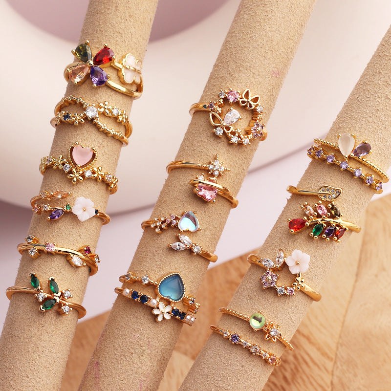 Copper Micro-set Colored Zircon Heart-shaped Ring For Women