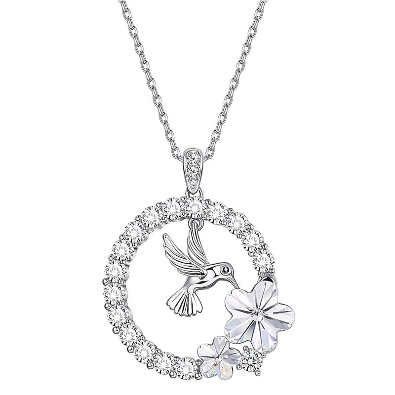 Women's Round Hummingbird Flower Pendant Necklace
