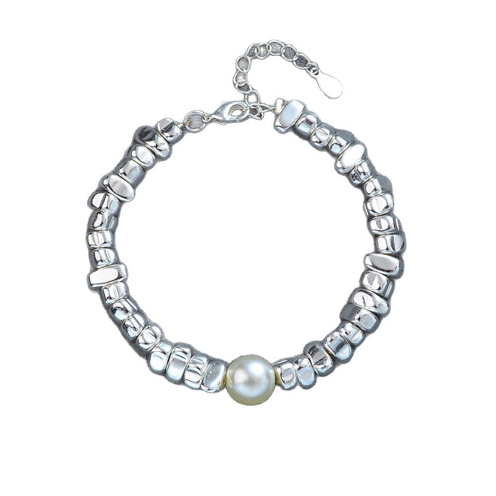Irregular Silver Triangle Pearl Bracelet With A Few Taels Of Broken Silver