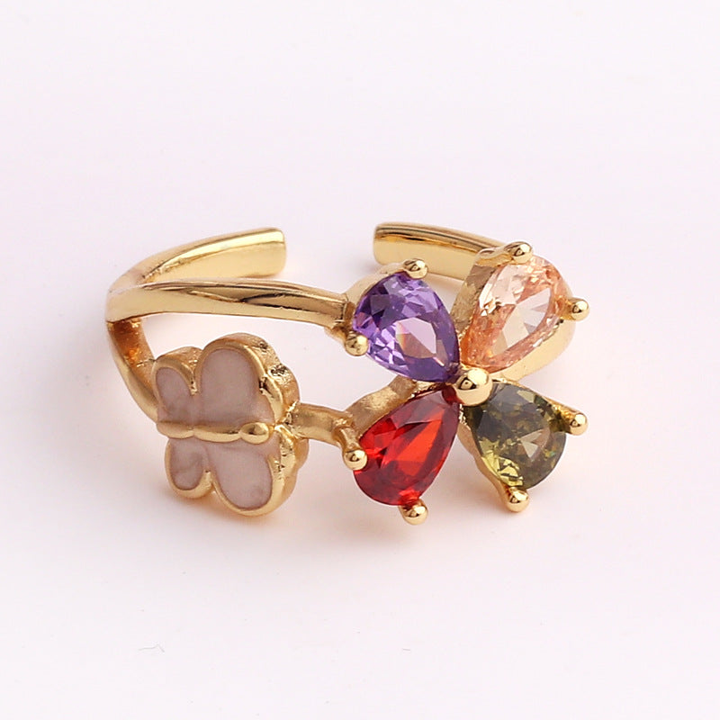 Copper Micro-set Colored Zircon Heart-shaped Ring For Women