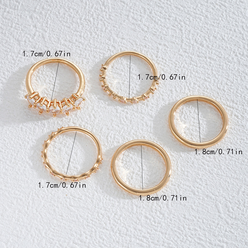 Temperament Round Zircon Copper Inlaid Diamond Women Stackable 5-piece Ring Set