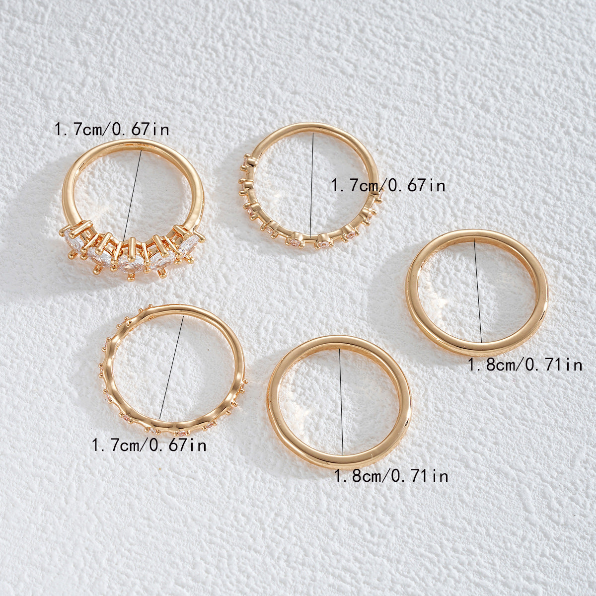 Temperament Round Zircon Copper Inlaid Diamond Women Stackable 5-piece Ring Set