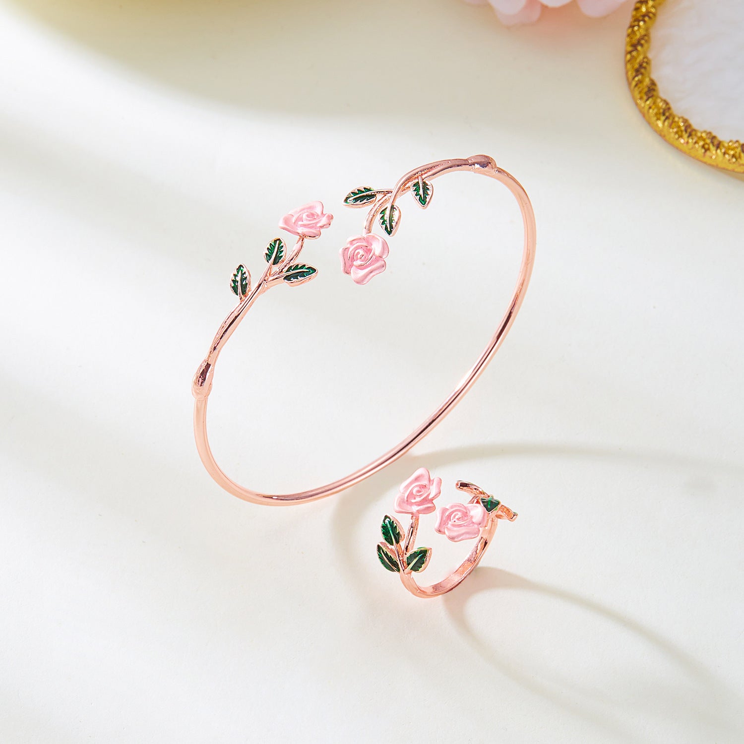 Dripping Oil Rose Open Bracelet Ring Set For Women