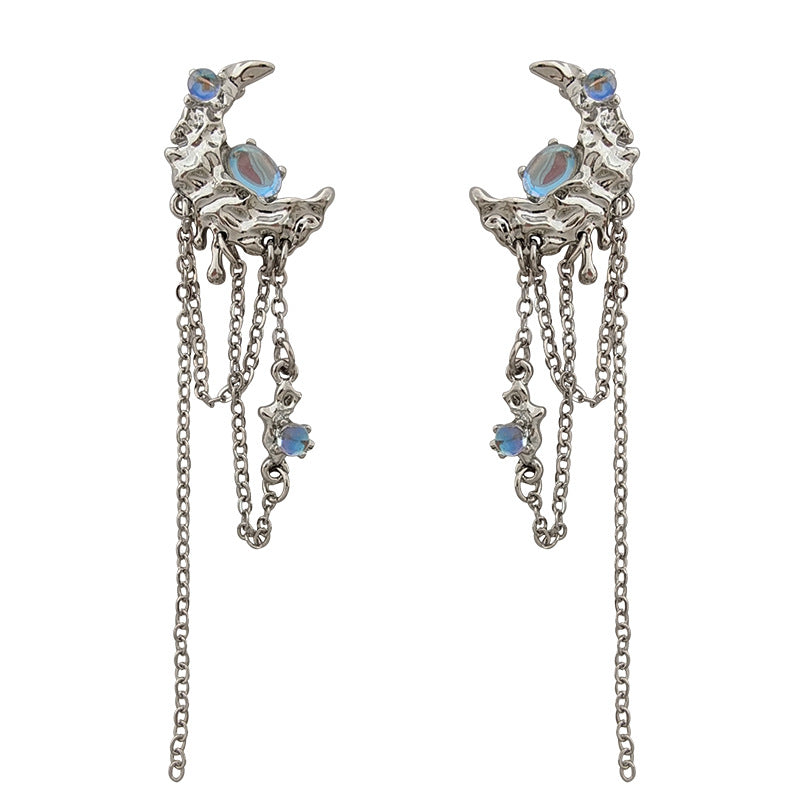 S925 Silver Needle Long Fringe Irregular Polka Dot Moon Earrings