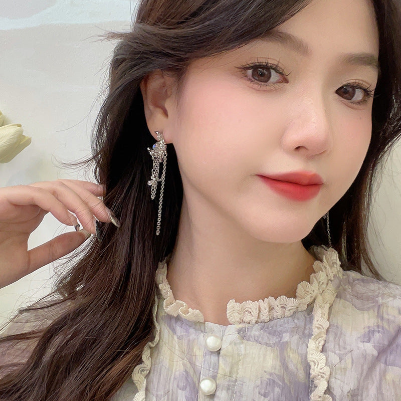 S925 Silver Needle Long Fringe Irregular Polka Dot Moon Earrings