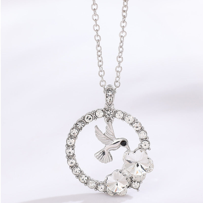 Women's Round Hummingbird Flower Pendant Necklace