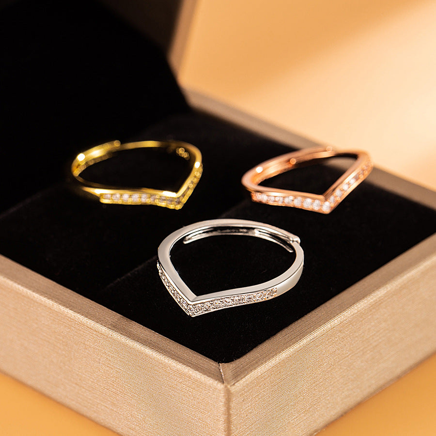 V-shaped Diamond Ring For Women, Stackable With Crown Electroplating