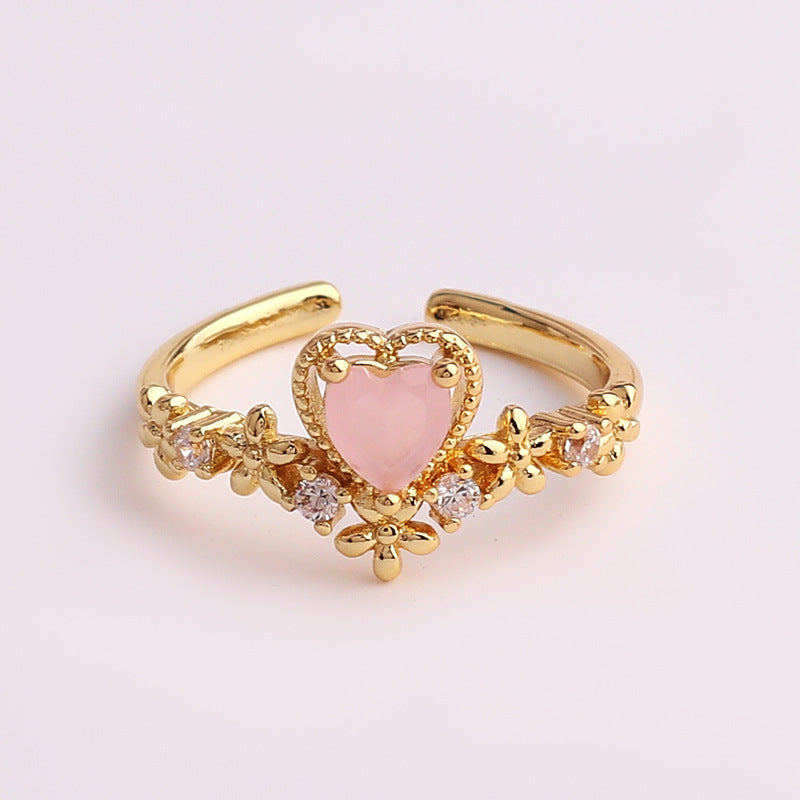 Copper Micro-set Colored Zircon Heart-shaped Ring For Women