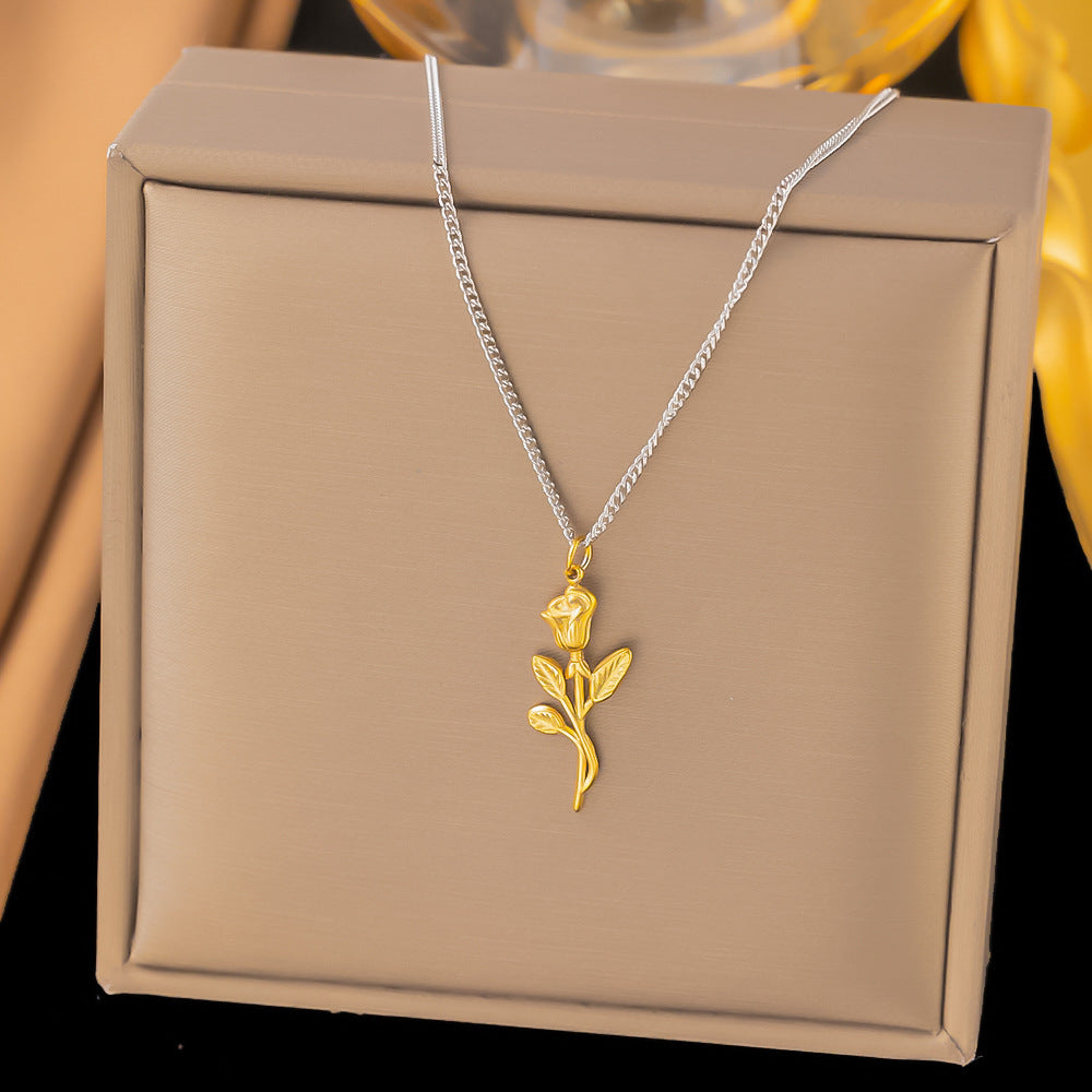 Rose Necklace Simple And Sweet Style Pendant Versatile Pendant Collarbone Chain Titanium Steel Material Versatile Trend