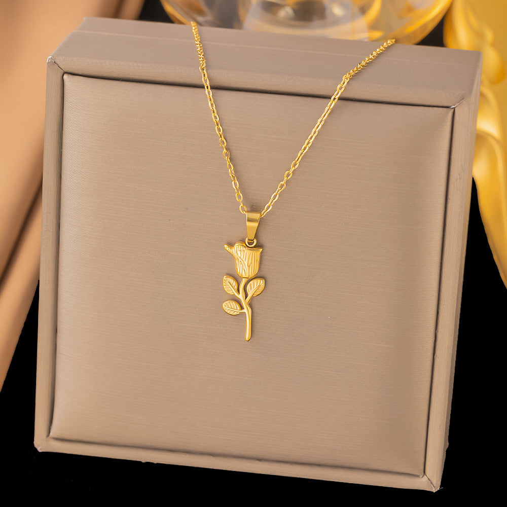 Rose Necklace Simple And Sweet Style Pendant Versatile Pendant Collarbone Chain Titanium Steel Material Versatile Trend