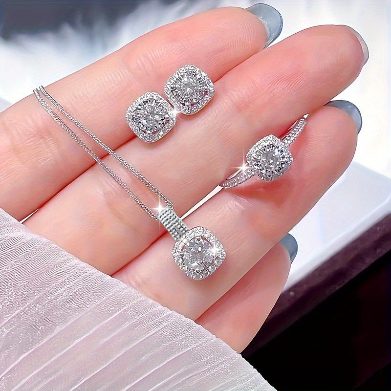 Women's Simple Fashionable And Versatile Zircon Necklace Stud Ring Set