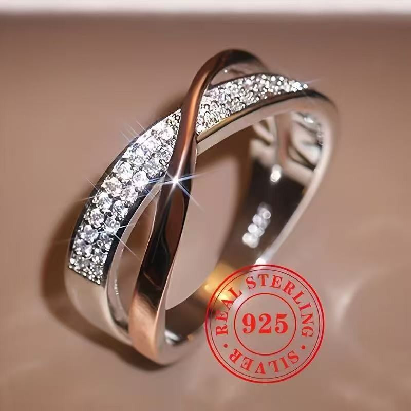 Cross-border Hot Selling Copper Plated White K Inlaid Zircon Simple Personality X-shaped Two-tone Ring
