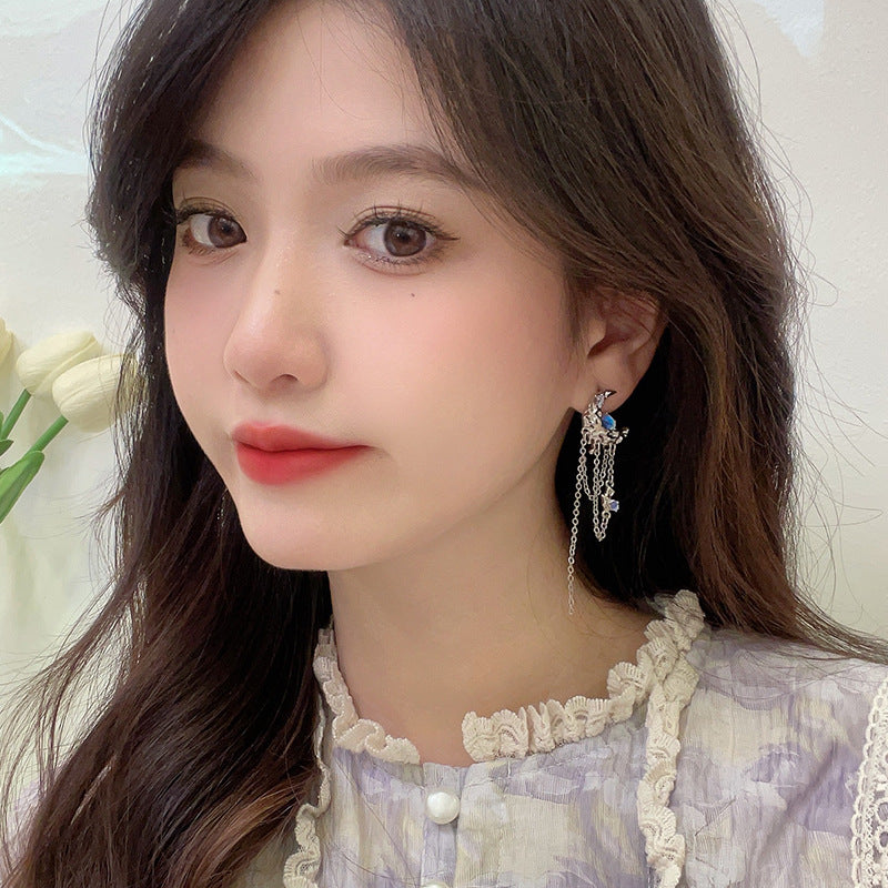 S925 Silver Needle Long Fringe Irregular Polka Dot Moon Earrings