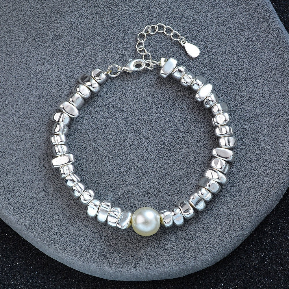 Irregular Silver Triangle Pearl Bracelet With A Few Taels Of Broken Silver