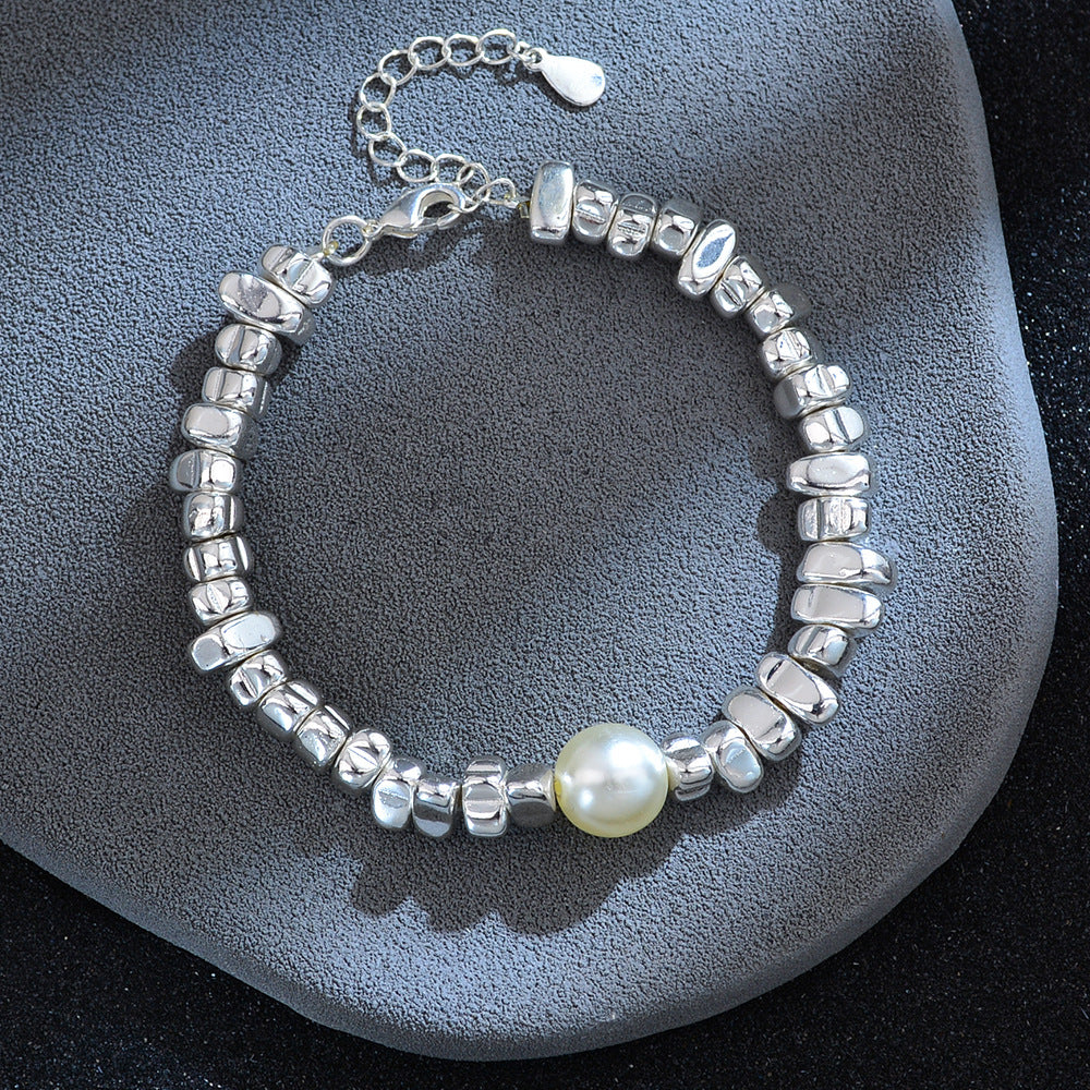 Irregular Silver Triangle Pearl Bracelet With A Few Taels Of Broken Silver