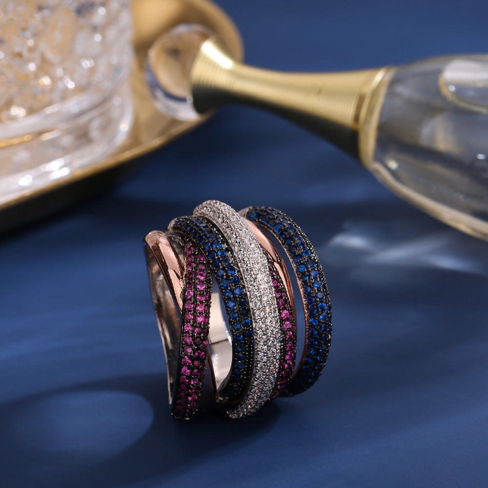 Personality Cross Line Ring With Zirconia Color Separation