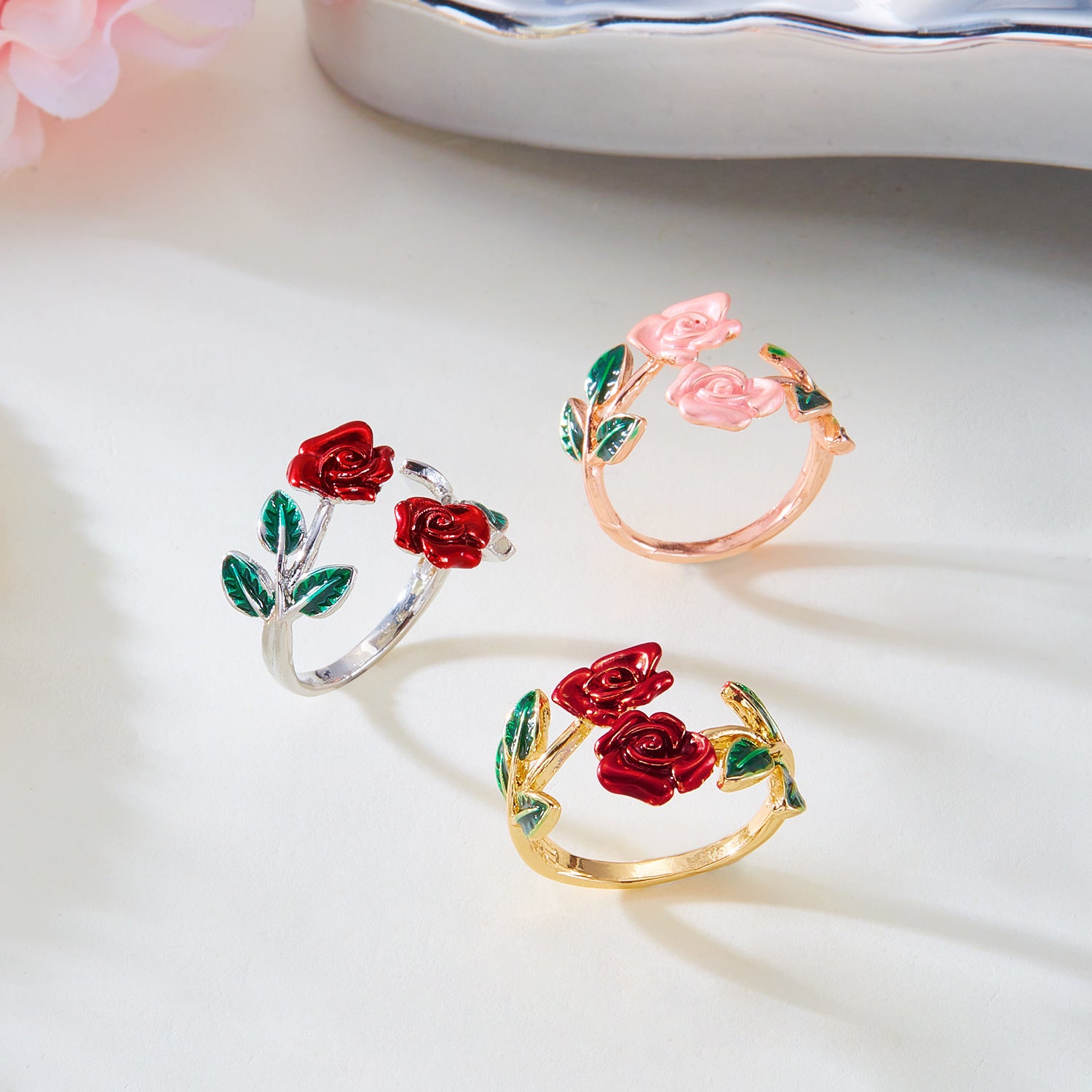 Dripping Oil Rose Open Bracelet Ring Set For Women