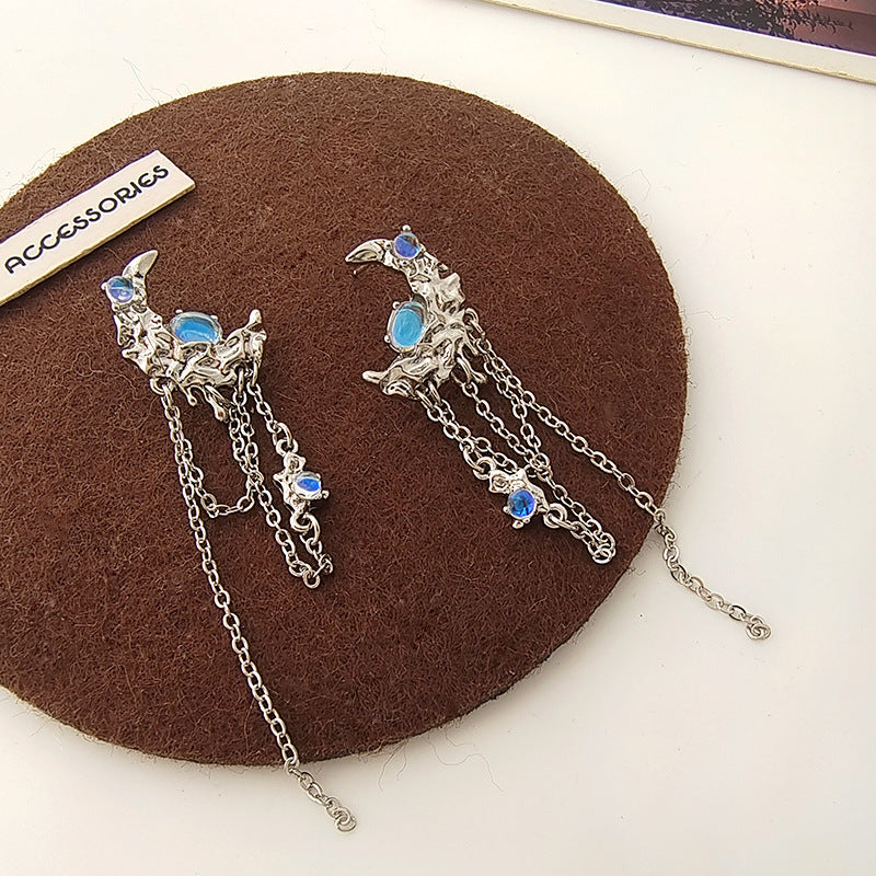 S925 Silver Needle Long Fringe Irregular Polka Dot Moon Earrings