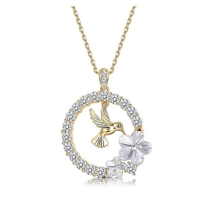 Women's Round Hummingbird Flower Pendant Necklace