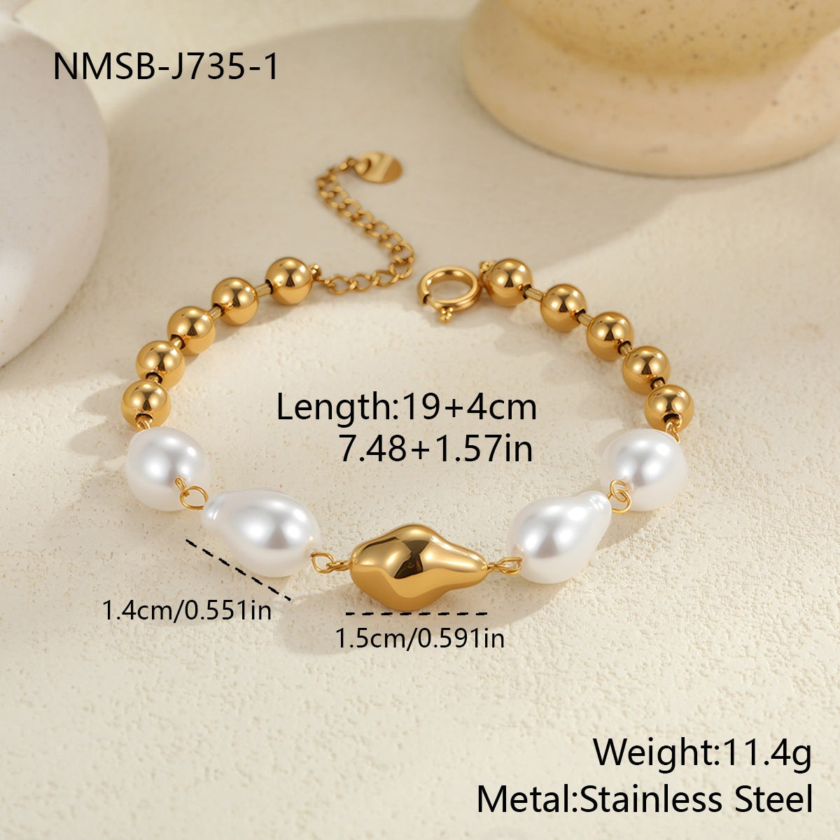Fashion Heart Shape With Diamond  Baroque Pearl Stainless Steel Bracelet
