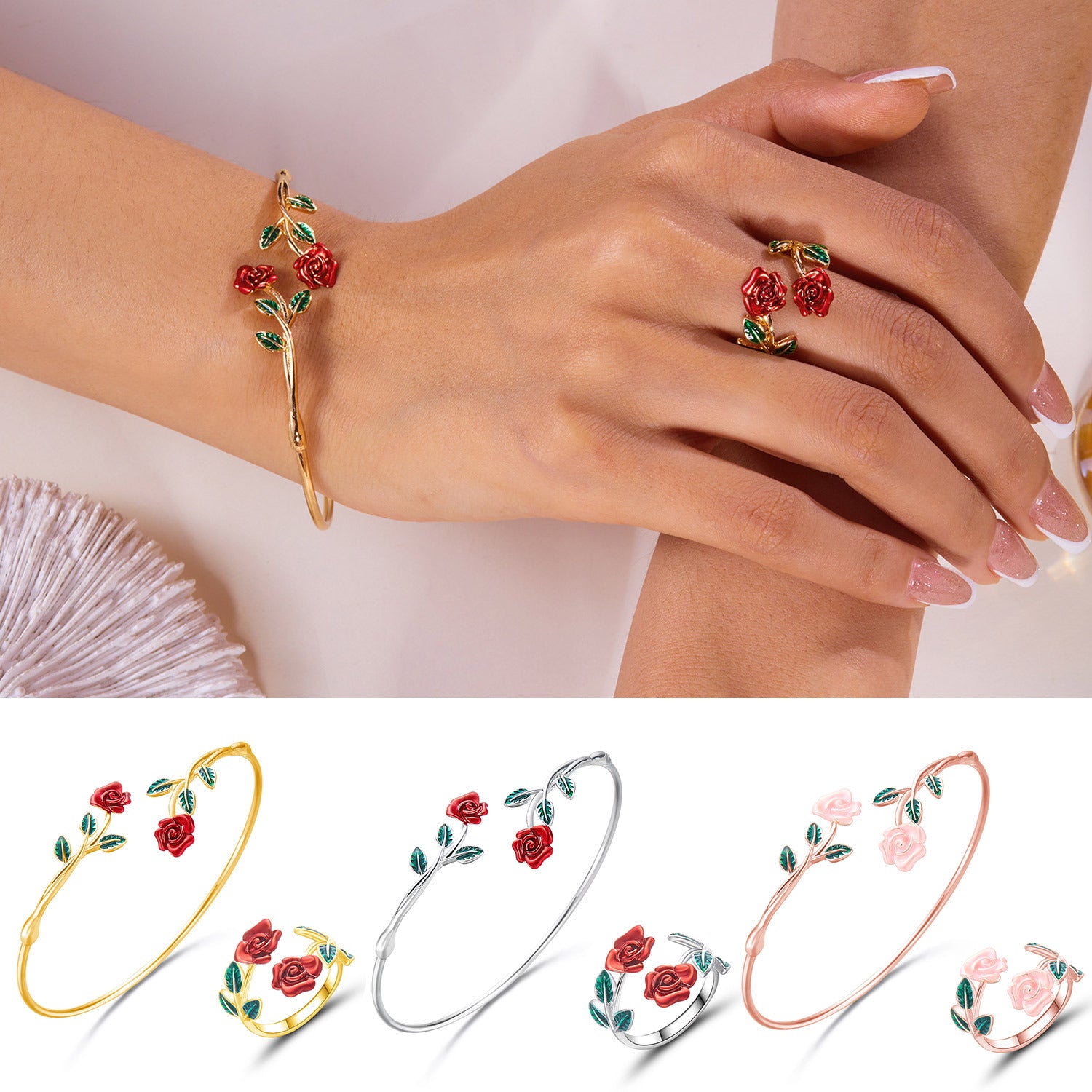Dripping Oil Rose Open Bracelet Ring Set For Women