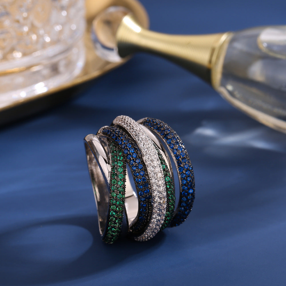 Personality Cross Line Ring With Zirconia Color Separation