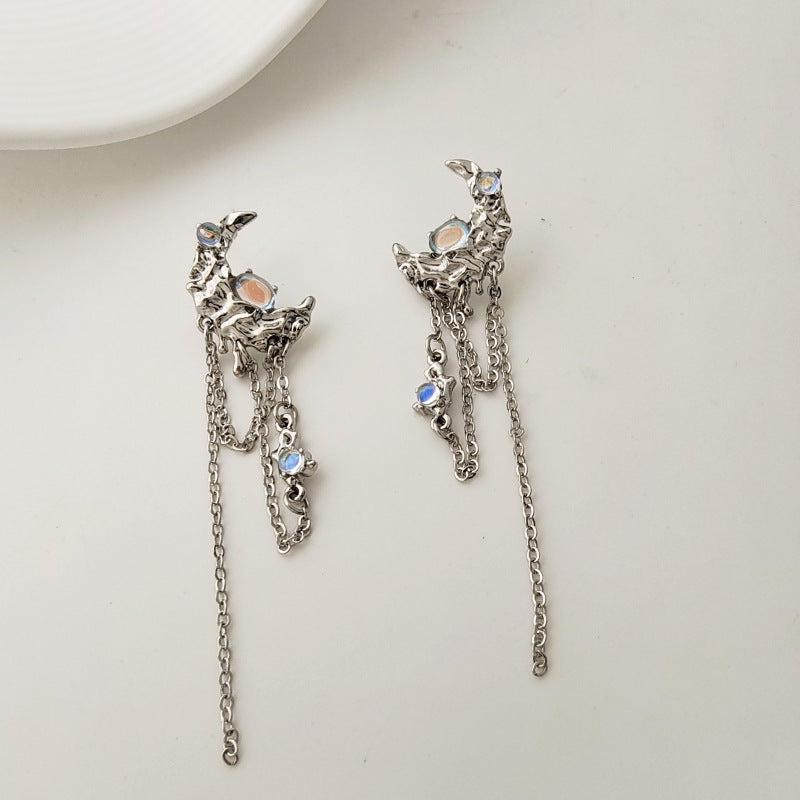 S925 Silver Needle Long Fringe Irregular Polka Dot Moon Earrings